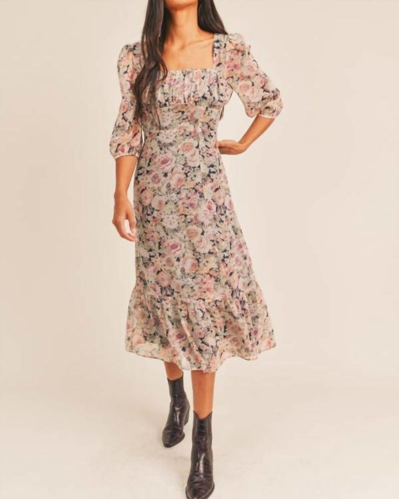 Front of a model wearing a size Large Deep Desires Dress in Multi in Multi by LE LIS. | dia_product_style_image_id:336284